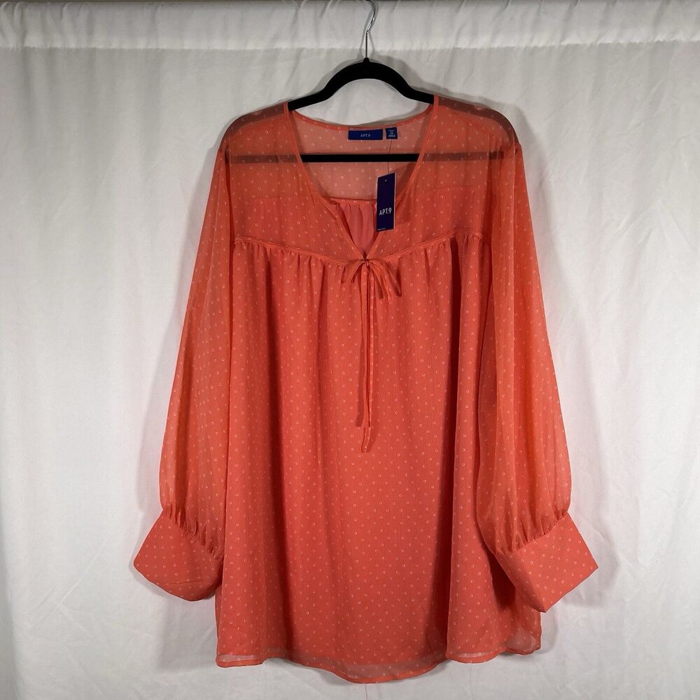 New Apt 9 Blouse Women's 4X Orange Vneck Long Sleeve Sheer Top Lightweight